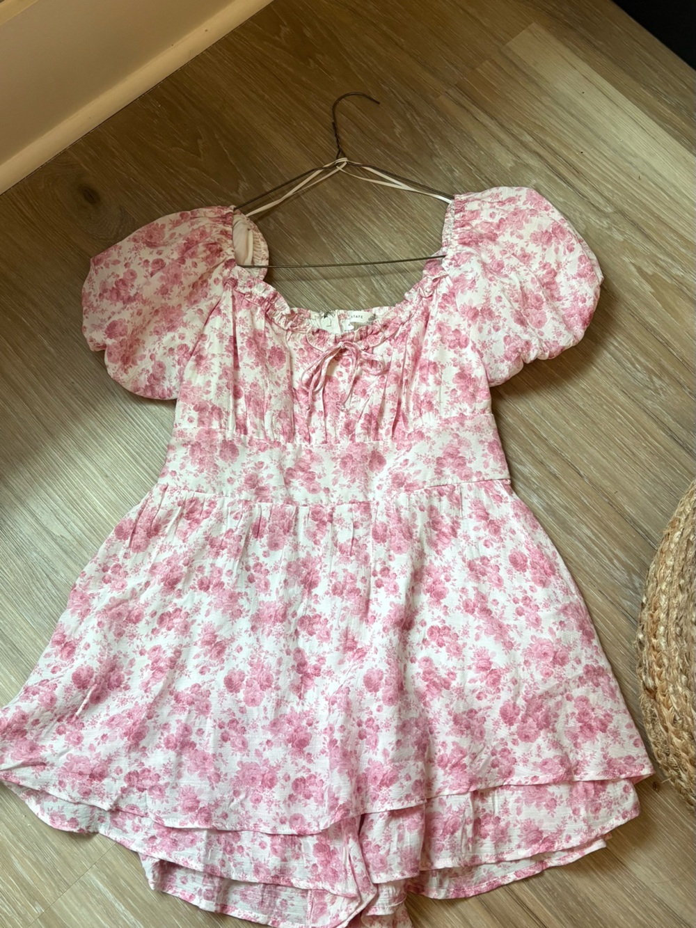Altar'd State Pink and White Floral Puff-Sleeve Romper